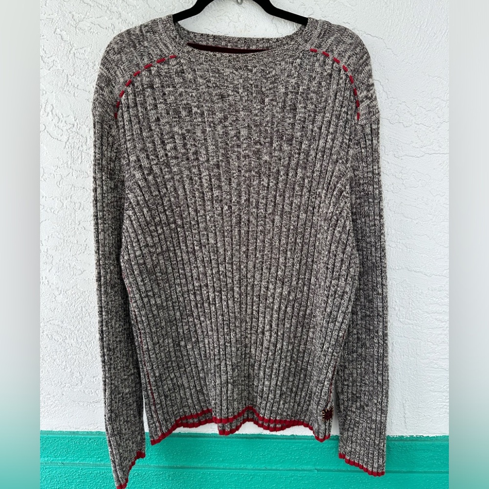 Timberland Sweater Heavy Knit Cotton Gray Marled Red Trim Ribbed Long Sleeve 3X - Picture 2 of 8